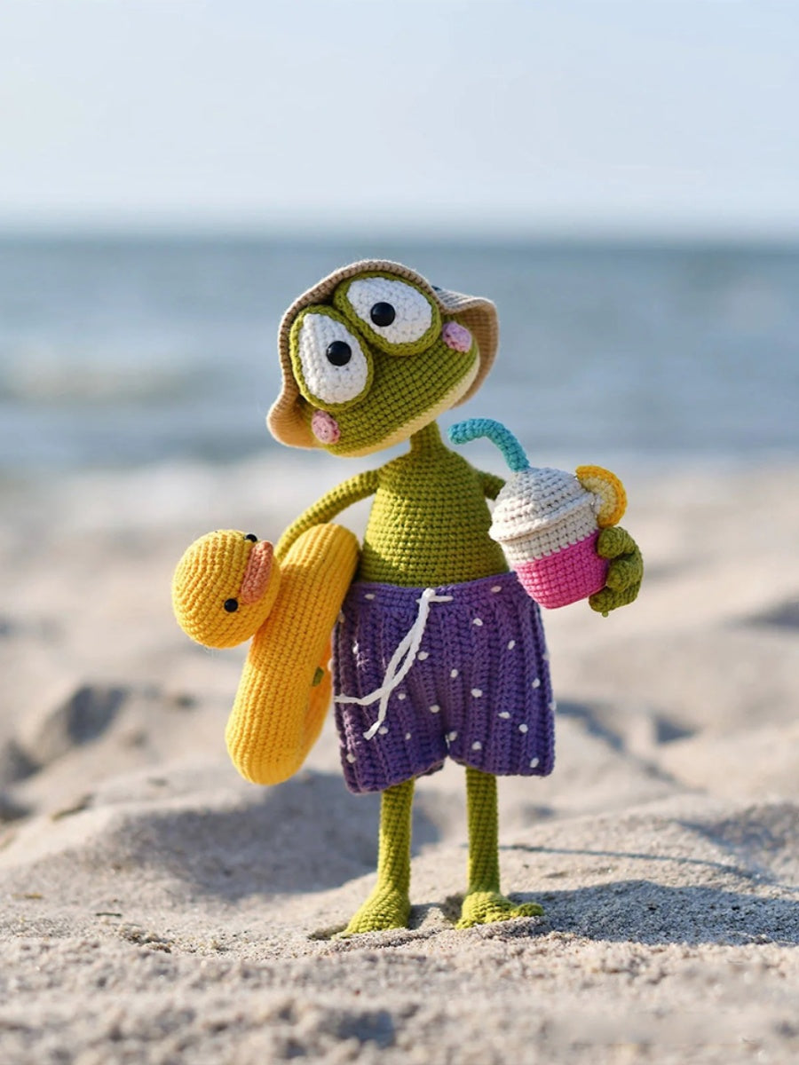 Amigurumi cute summer frog on vacation, PDF crochet animal pattern